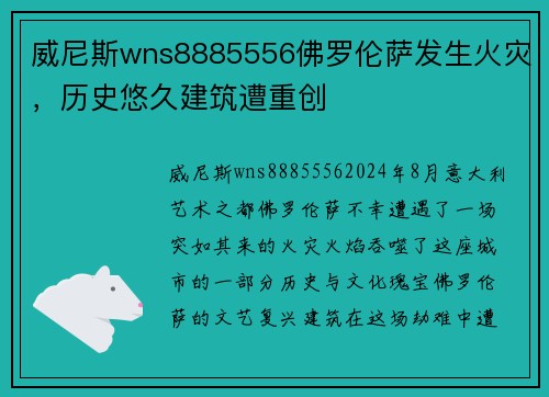 威尼斯wns8885556佛罗伦萨发生火灾，历史悠久建筑遭重创