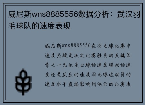 威尼斯wns8885556数据分析：武汉羽毛球队的速度表现