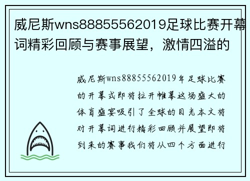 威尼斯wns88855562019足球比赛开幕词精彩回顾与赛事展望，激情四溢的足球盛宴即将开启