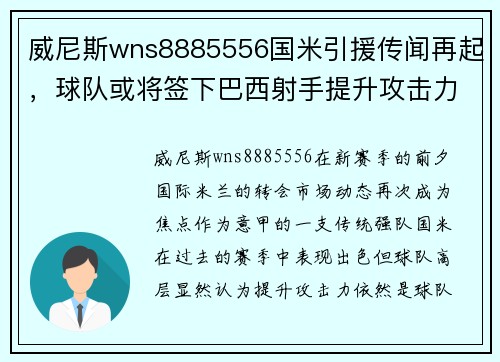 威尼斯wns8885556国米引援传闻再起，球队或将签下巴西射手提升攻击力